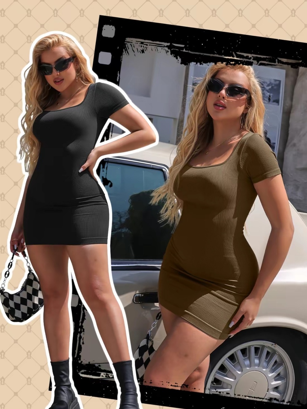 OQQ Ribbed Square Neck Bodycon Mini Dress - Black